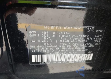 2017 Subaru Outback 2.5I Limited z USA, uszkodzony, nr VIN 4S4BSANC9H3257210